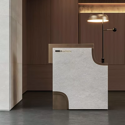 Modern Reception Desk With Curved Stone Surface And Wooden Wall Panels 3d model