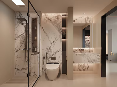 Modern Bathroom Interior Featuring Marble Walls Glass Shower Smart Toilet And Vanity 3d model