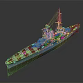 Detailed Blue Warship Featuring Red And White Stripes On Stern And Green Hull