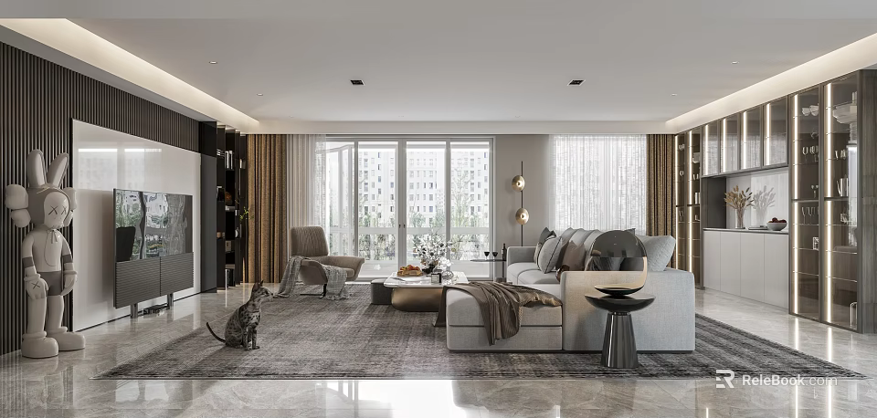 Light Luxury Modern Living Room With Comfortable Sofa And Bright Floor To Ceiling Windows 3d model 