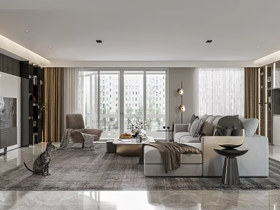 Light Luxury Modern Living Room With Comfortable Sofa And Bright Floor To Ceiling Windows 3d model