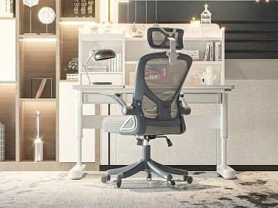 Home Office Desk Chair Set with White Grey Mesh Office Chair Bookshelf and Table Lamp 3d model