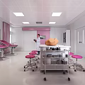 Modern Operating Room With Pink Surgical Bed Surgical Lights Medical Staff And Monitors