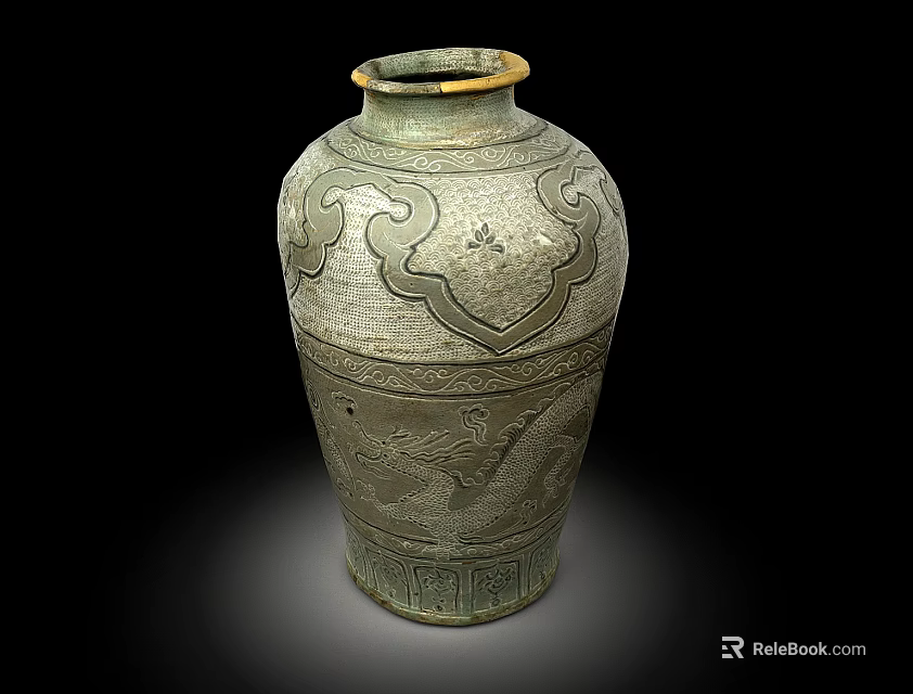 Traditional Handcrafted Ceramic Vase With Carved Cloud Patterns Golden Rim And Phoenix Design 3d model 