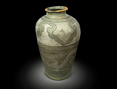 Traditional Handcrafted Ceramic Vase With Carved Cloud Patterns Golden Rim And Phoenix Design 3d model