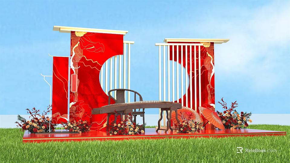 Chinese Traditional Stage Decoration With Red Circular Elements White Railings Wooden Table Chair And Flowers 3d model 