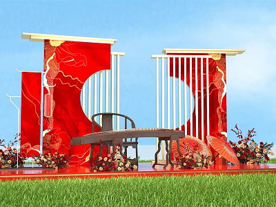 Chinese Traditional Stage Decoration With Red Circular Elements White Railings Wooden Table Chair And Flowers 3d model