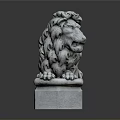 Classic Stone Lion Statue Lying On Square Pedestal With Detailed Mane And Paws
