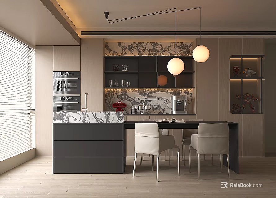 Modern Restaurant Interior With Marble Countertop Black Cabinets White Chairs And Round Pendant Lights 3d model 