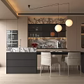 Modern Restaurant Interior With Marble Countertop Black Cabinets White Chairs And Round Pendant Lights