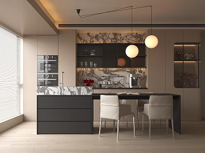 Modern Restaurant Interior With Marble Countertop Black Cabinets White Chairs And Round Pendant Lights 3d model
