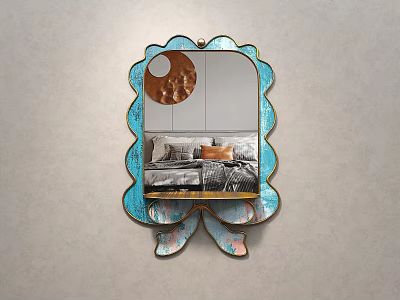 Scalloped Edge Mirror With Blue Pink Frame And Circular Accent Reflecting Bedroom 3d model