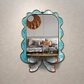 Scalloped Edge Mirror With Blue Pink Frame And Circular Accent Reflecting Bedroom