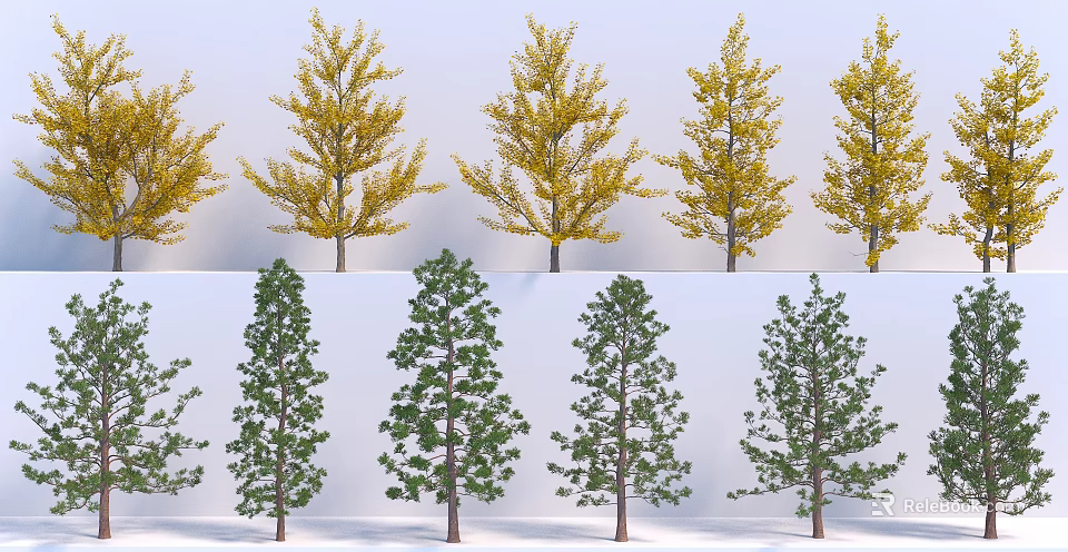 Different Species Of Trees With Yellow And Green Foliage And Varied Growth Forms 3d model 