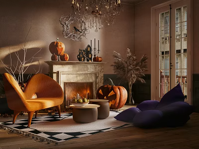 Halloween Living Room Sofa and Coffee Table Set with Pumpkin Decor Fireplace and Chandelier 3d model