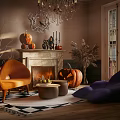 Halloween Living Room Sofa and Coffee Table Set with Pumpkin Decor Fireplace and Chandelier