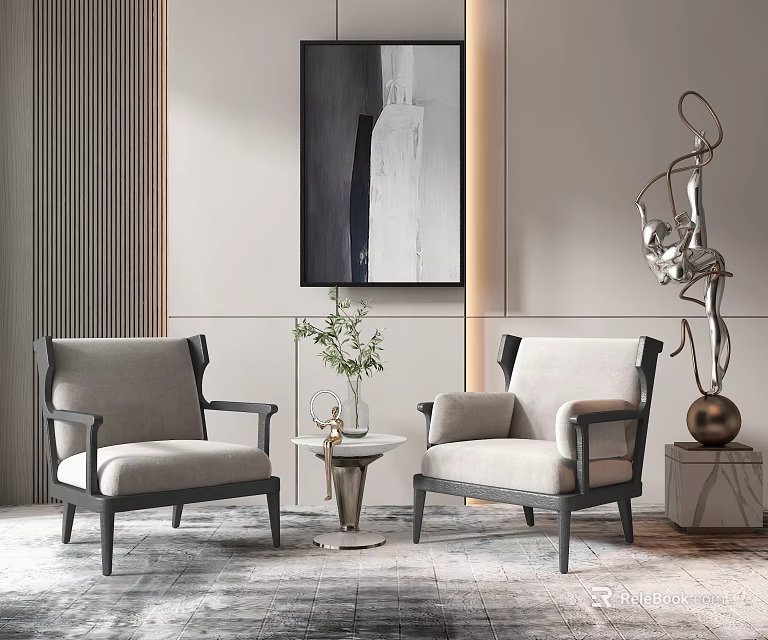 Modern Leisure Sofa Combination With Light Gray Armchairs Black Frame Side Table Green Plant And Sculpture 3d model 