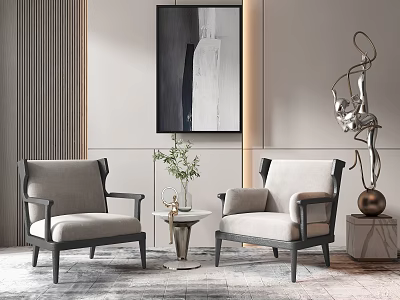 Modern Leisure Sofa Combination With Light Gray Armchairs Black Frame Side Table Green Plant And Sculpture 3d model