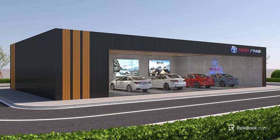 Modern Car Showroom Exterior Featuring Glass Windows Wooden Stripes And Displayed Cars With Green Plants 3d model 