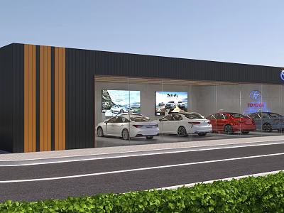 Modern Car Showroom Exterior Featuring Glass Windows Wooden Stripes And Displayed Cars With Green Plants 3d model