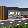 Modern Car Showroom Exterior Featuring Glass Windows Wooden Stripes And Displayed Cars With Green Plants