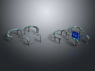 Circular Metal Frame Structures With Supporting Legs And Blue Display Panels 3d model