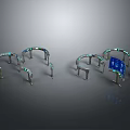 Circular Metal Frame Structures With Supporting Legs And Blue Display Panels