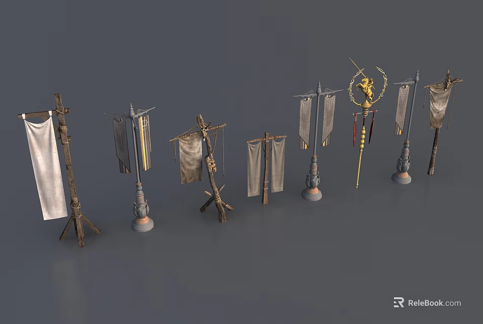 Ancient Flags And Flagpoles With Various Designs On Wooden Metal Stands 3d model 