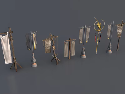 Ancient Flags And Flagpoles With Various Designs On Wooden Metal Stands 3d model