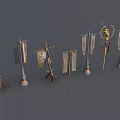 Ancient Flags And Flagpoles With Various Designs On Wooden Metal Stands