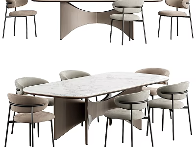 Modern Elegant Dining Table Set With Marble Tabletop And Upholstered Chairs 3d model