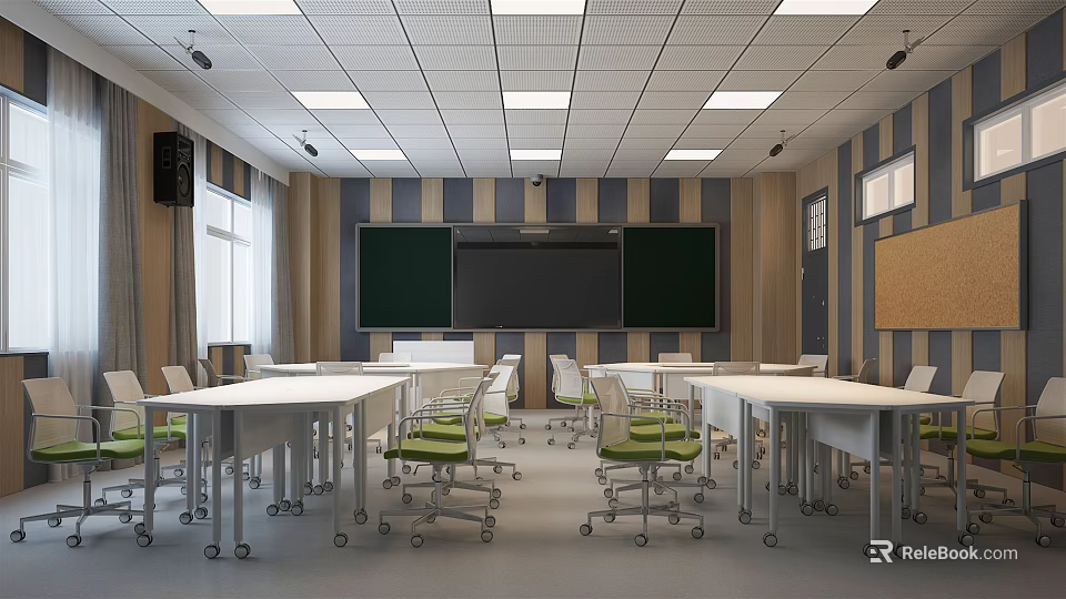 School Classroom Interior With White Tables Green Chairs Blackboards Striped Walls Ceiling Lights And Windows 3d model 