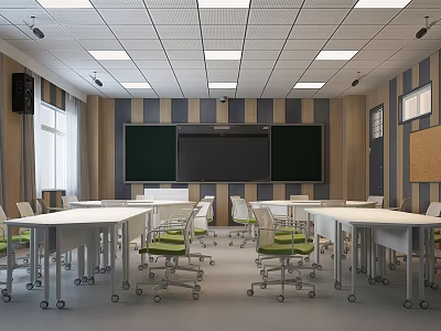 School Classroom Interior With White Tables Green Chairs Blackboards Striped Walls Ceiling Lights And Windows 3d model