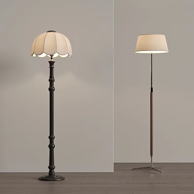 Vintage and Modern Floor Lamps with Pleated and Minimalist Shades and Dark Metal Wooden Poles 3d model