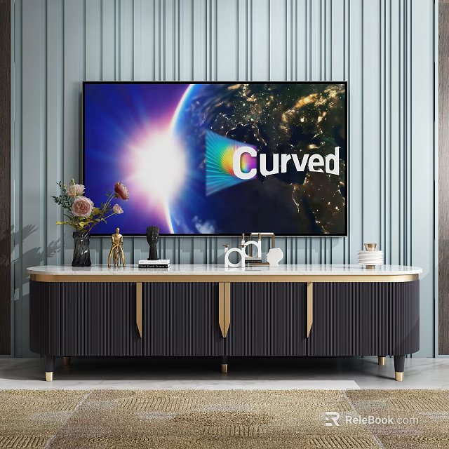 Modern TV Stand with Curved TV Gold Accents and Decorative Ornaments 3d model 