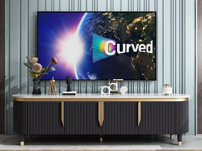 Modern TV Stand with Curved TV Gold Accents and Decorative Ornaments 3d model