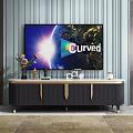 Modern TV Stand with Curved TV Gold Accents and Decorative Ornaments