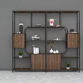 Modern Display Shelf With Black Metal Frame Wooden Shelves And Decorative Items Plants Vases Books