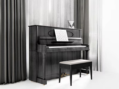 Black Piano With Music Sheet On Top And Wooden Bench By Gray Curtains 3d model