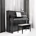 Black Piano With Music Sheet On Top And Wooden Bench By Gray Curtains