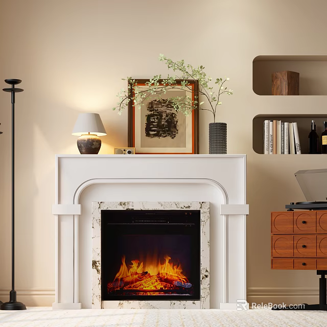 White Mantel Fireplace with Table Lamp Framed Art Vase and Burning Flames 3d model 