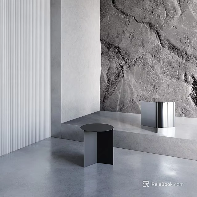 Modern Matte Black Side Table In Minimalist Interior With Gray Textured Wall And Smooth Floor 3d model 