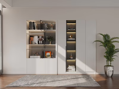 Modern White Decorative Cabinet With Shelves Books Decorative Items And Potted Plant 3d model