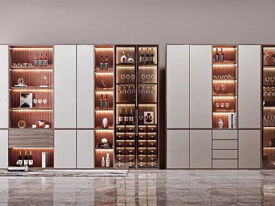 Modern Wine Cabinet With Glass Doors Built-in Lighting And Wine Bottles 3d model