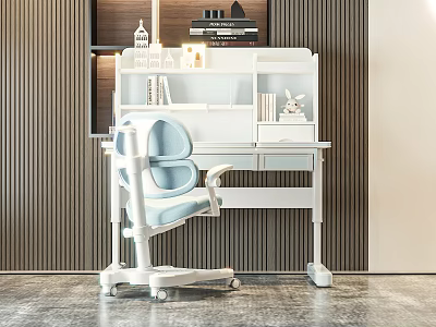 Modern White Desk with Bookshelf and Light Blue Ergonomic Chair Combination for Study Space 3d model