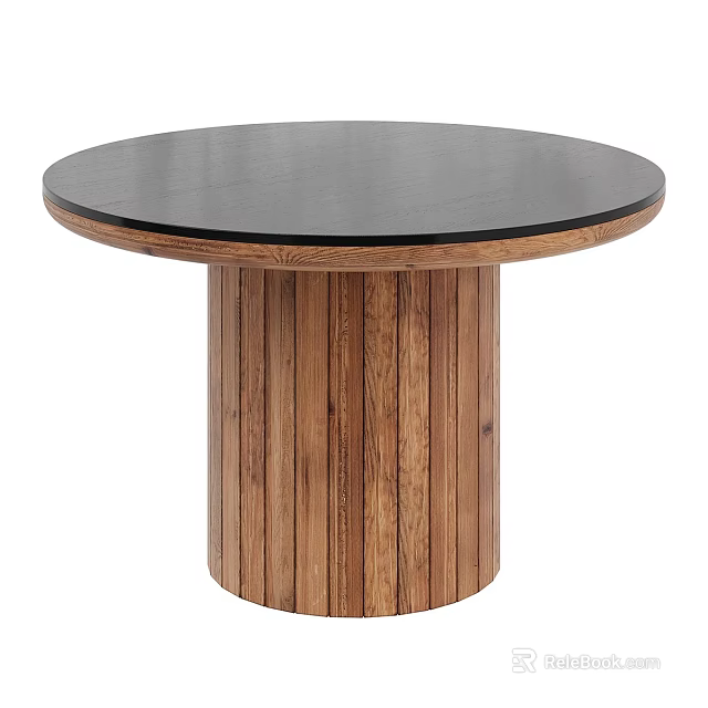 Round Coffee Table With Black Tabletop And Wooden Vertical Slat Base 3d model