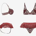 Burgundy Lace Decorated Underwear Set With Bras And Ruffled Panties Design