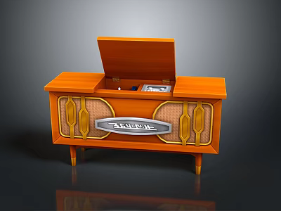 Vintage Orange Wooden Record Player Featuring Open Lid Decorative Grilles And Telefunken Logo 3d model