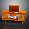 Vintage Orange Wooden Record Player Featuring Open Lid Decorative Grilles And Telefunken Logo 3d model