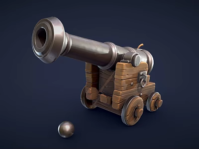 Vintage Cannon Weapon With Metal Barrel Wooden Carriage And Iron Cannonball On Dark Background 3d model